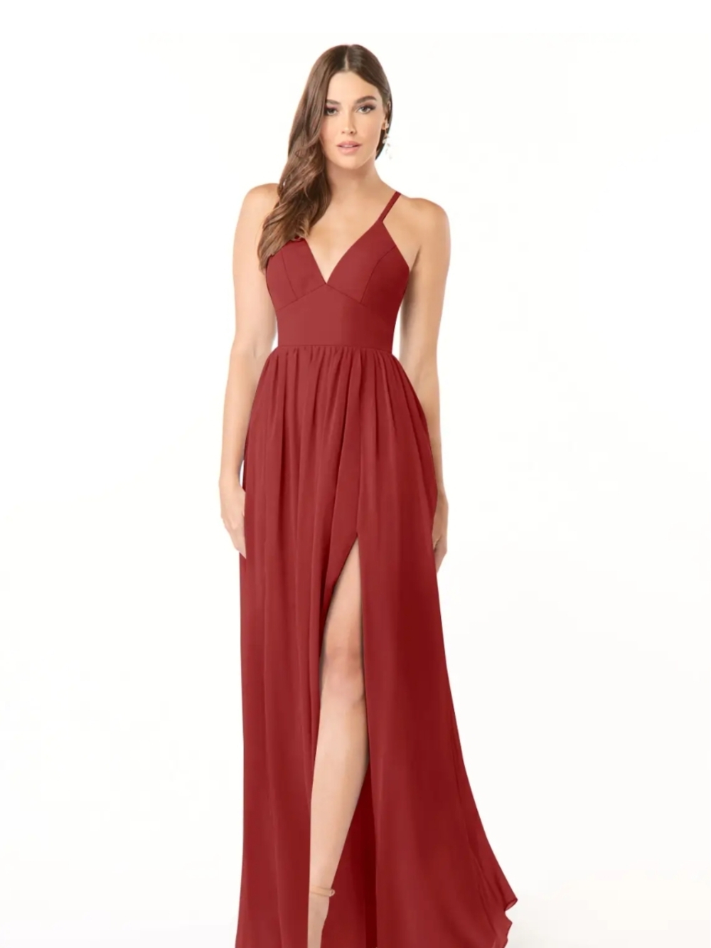 Azazie Elegant Rust V-Neck Spaghetti Strap Maxi Dress